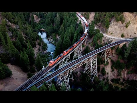 4K: Feather River Canyon & the Famous Keddie Wye: Aerial View of a BNSF manifest Train
