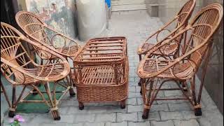 Handcrafted Cane Furniture Chair Table Set 2+1+2 And Eco Friendly Furniture