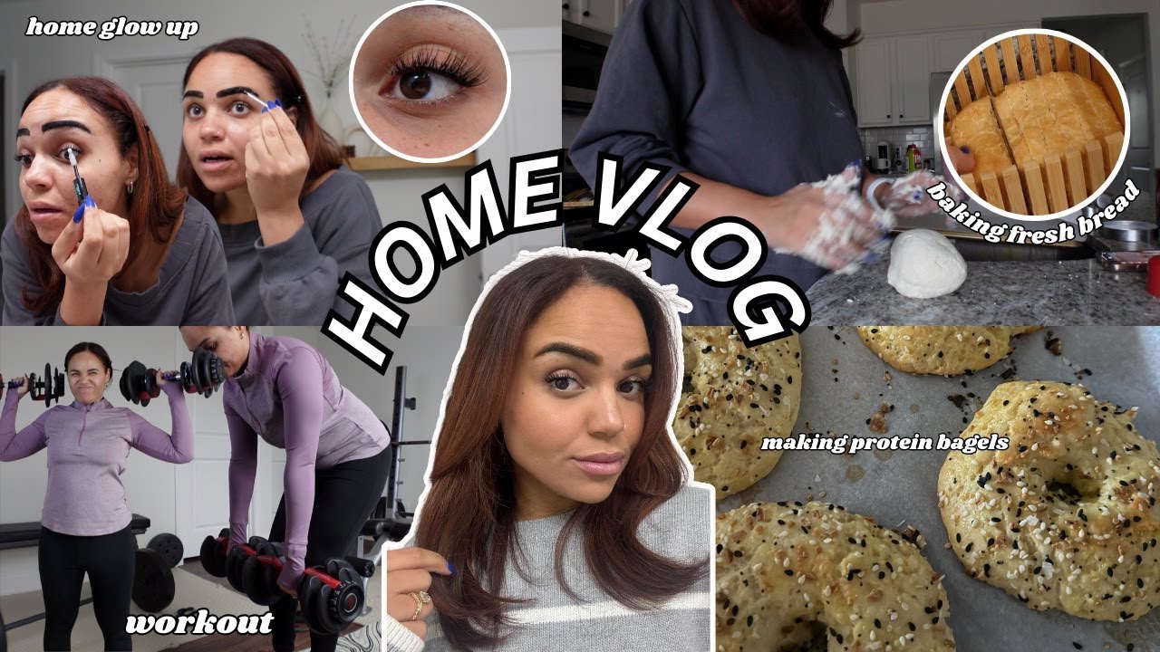 HOME VLOG // Baking bread, making protein bagels + home glow up (lashes, brows, teeth whitening) 🩶