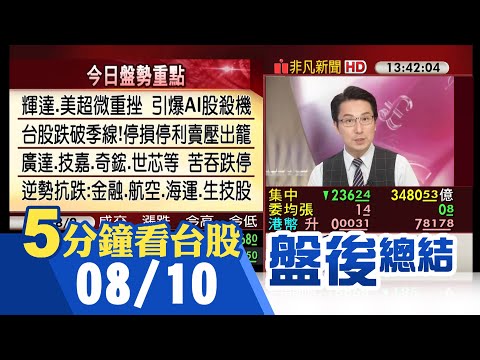 輝達.美超微重挫 AI股下殺!台股大跌236點摜破季線 AI概念成殺盤重心 廣達.技嘉吞跌停.周邊臉綠一片 航空.海運逆勢抗跌 金融撐盤｜主播鄧凱銘｜【5分鐘看台股】20230810｜非凡財經新聞