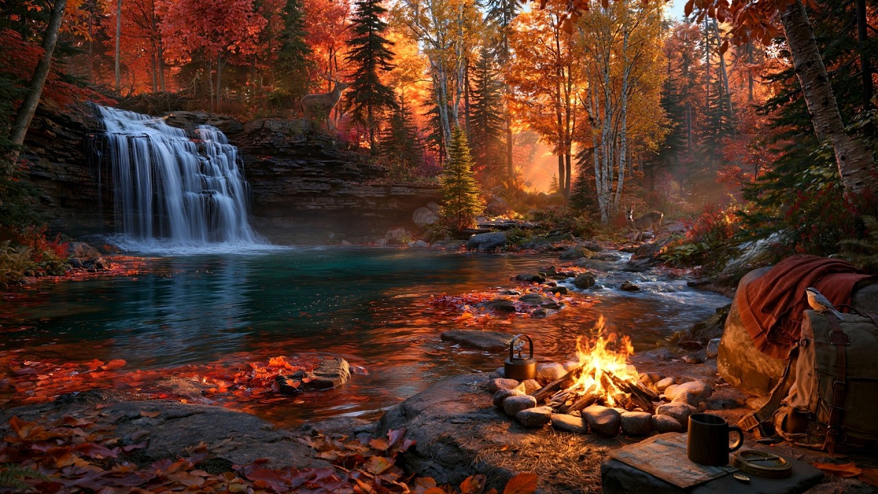 Cozy Autumn Forest Camp 🍂🔥 Crackling Fire, Flowing Water & Natural Forest Sounds