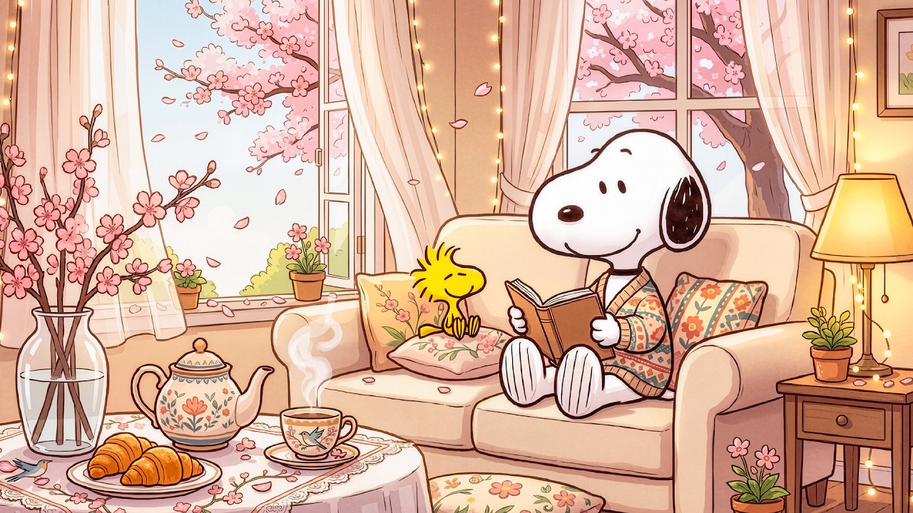 Уютный домашний весенний джаз 📖 Уютный уголок для чтения Снупи у окна 🌸 Нежная фортепианная музык...