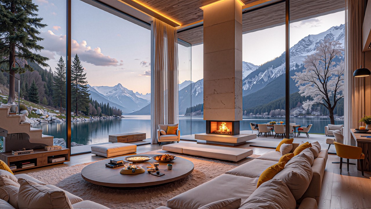 Relaxing Morning Jazz In The Lakeside Villa Living Room - Soothing Jazz For Studying And Working