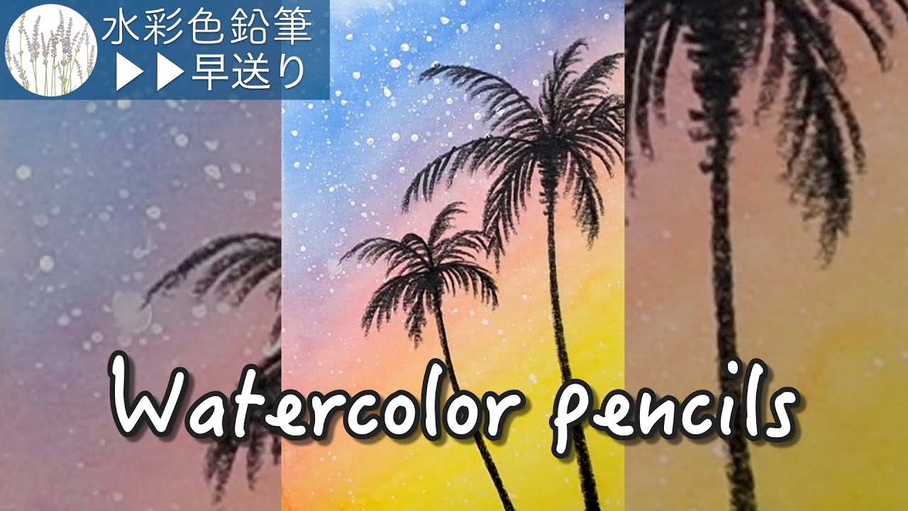 Drawing palm trees and sunset | Watercolor pencils 【水彩色鉛筆