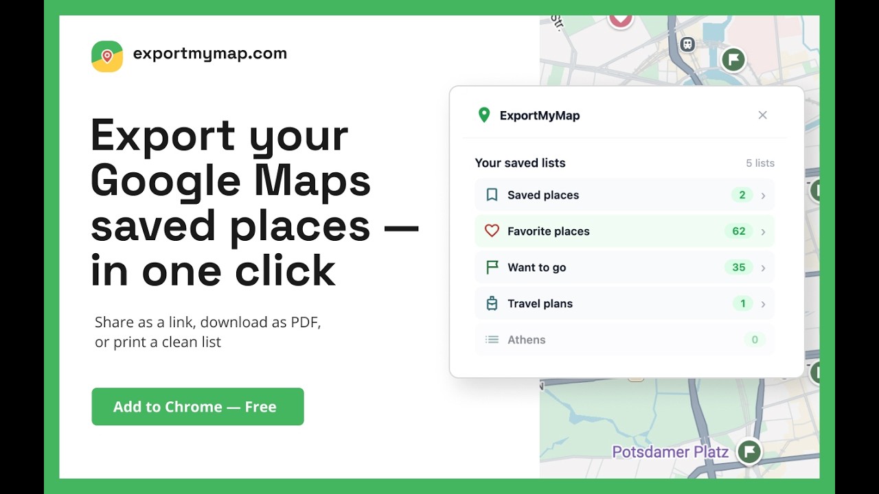 ExportMyMap demo: Export Google Maps saved places to PDF, Excel, GPX, and more