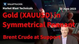 Gold (XAUUSD) in Symmetrical Pennant.  Brent Crude (UKOil) at Support. Strongest Currency = AUD.