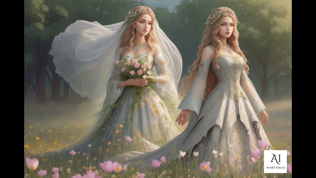 Gorgeous goddess| Standing in field full of flowers| Elegant|Realistic|illustration| 