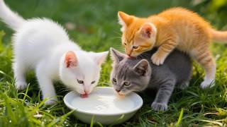 Adorable kittens drinking milk together on the soft grass - Cat sounds - Cat videos screenshot 4