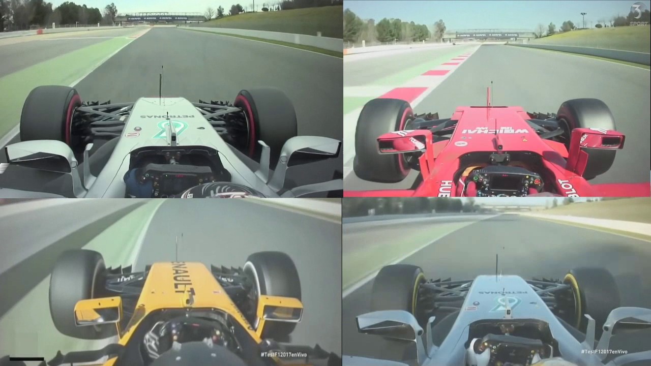 Onboard F1 2017 test Raikkonen vs Bottas vs Hamilton vs Hulkenberg @ Spain Barcelona