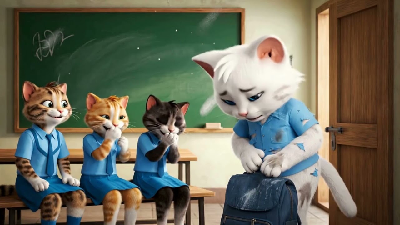 “The White Cat Who Lost Her School Bag | Human-Sized Cat Emotional Story”