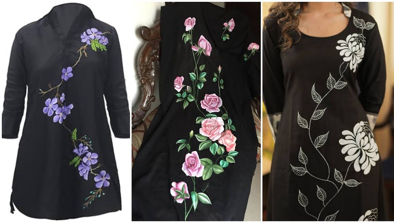 Fabric Painting Designs On Black Kurti||Fabric Paint Designing For Beginners||RN Fashion