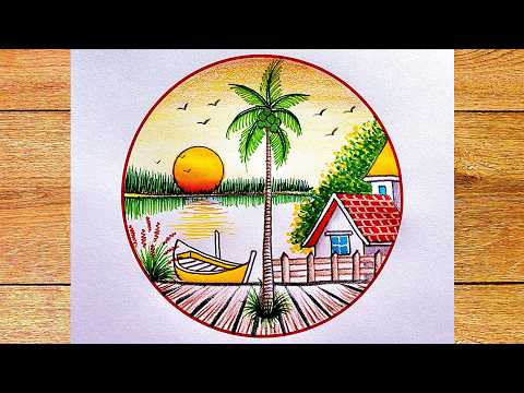 How to draw and color spring sunset river scenery