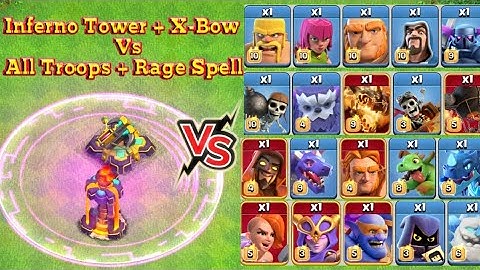 Inferno Tower And X Bow Vs All Max Raged Troops | Troops + Rage Spell - Clash of clans 2022
