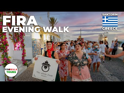 Fira, Santorini - Greece Evening Walk 4K - with Captions