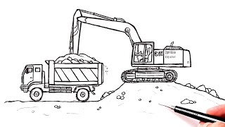 How to draw a Excavator Loading Dump Truck | Drawing Tutorial