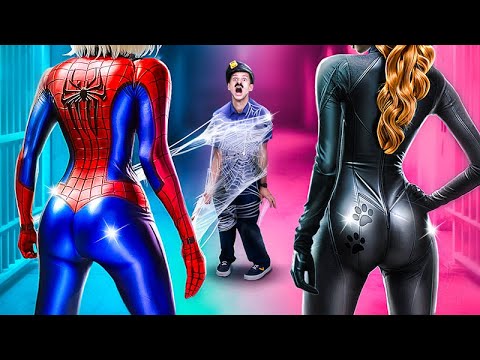 Видео: Супергерои в тюрьме! Экстремальные прятки в коробках челлендж! Spider-Womаn спасает Cat-Woman!