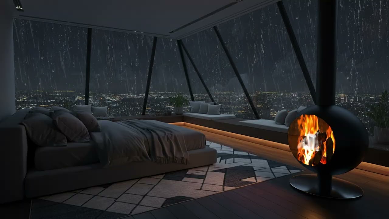 City Rain at Night 🌃 Cozy Apartment Ambience with Fireplace for Deep Sleep