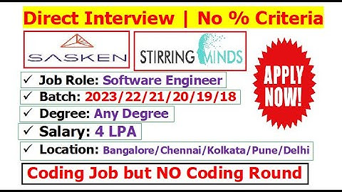 Sasken + Stirring Minds are hiring 2023/22/21/20/19/18 batch Direct Interview | No % Criteria