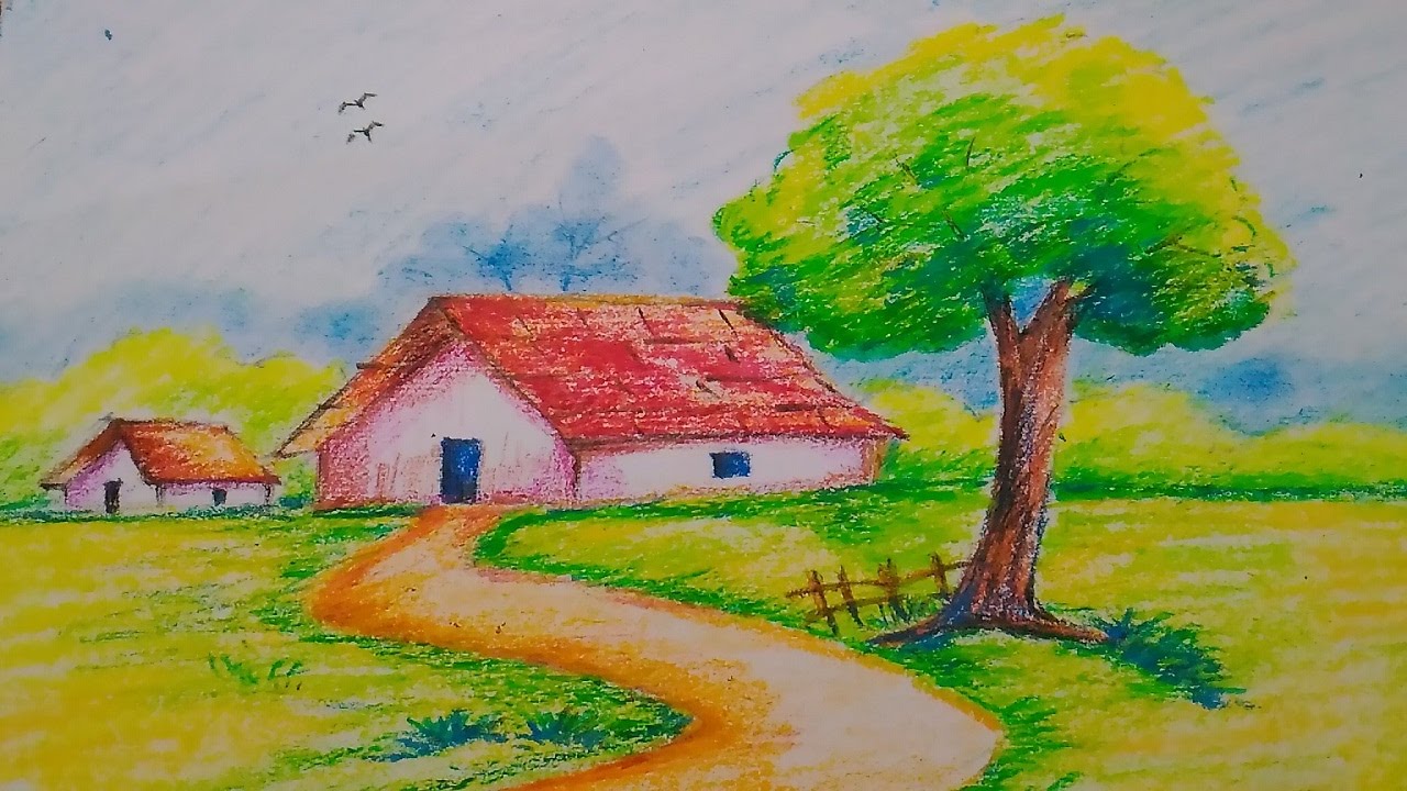 Landscape in Oil pastel//Easy Drawing For Kids - YouTube