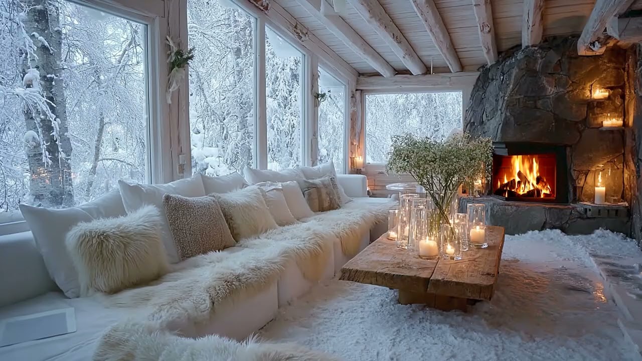 Cozy Winter White Piano Room with Fireplace Glow and Blooming Flowers for 3 Hours Calm