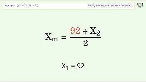 Find the midpoint between two points p1 (92,-23) and p2 (41,-70): Step-by-Step Video Solution