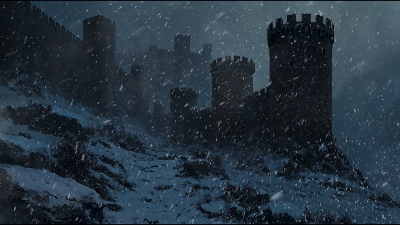 Frozen Storm Clouds And Roaring Winds Encircling A Silent Castle During A Winter Nightfall