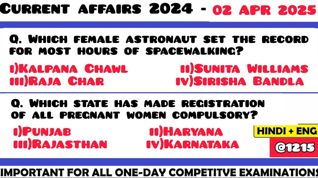 02 April 2025 Current Affair Questions | Daily Current Affairs ...
