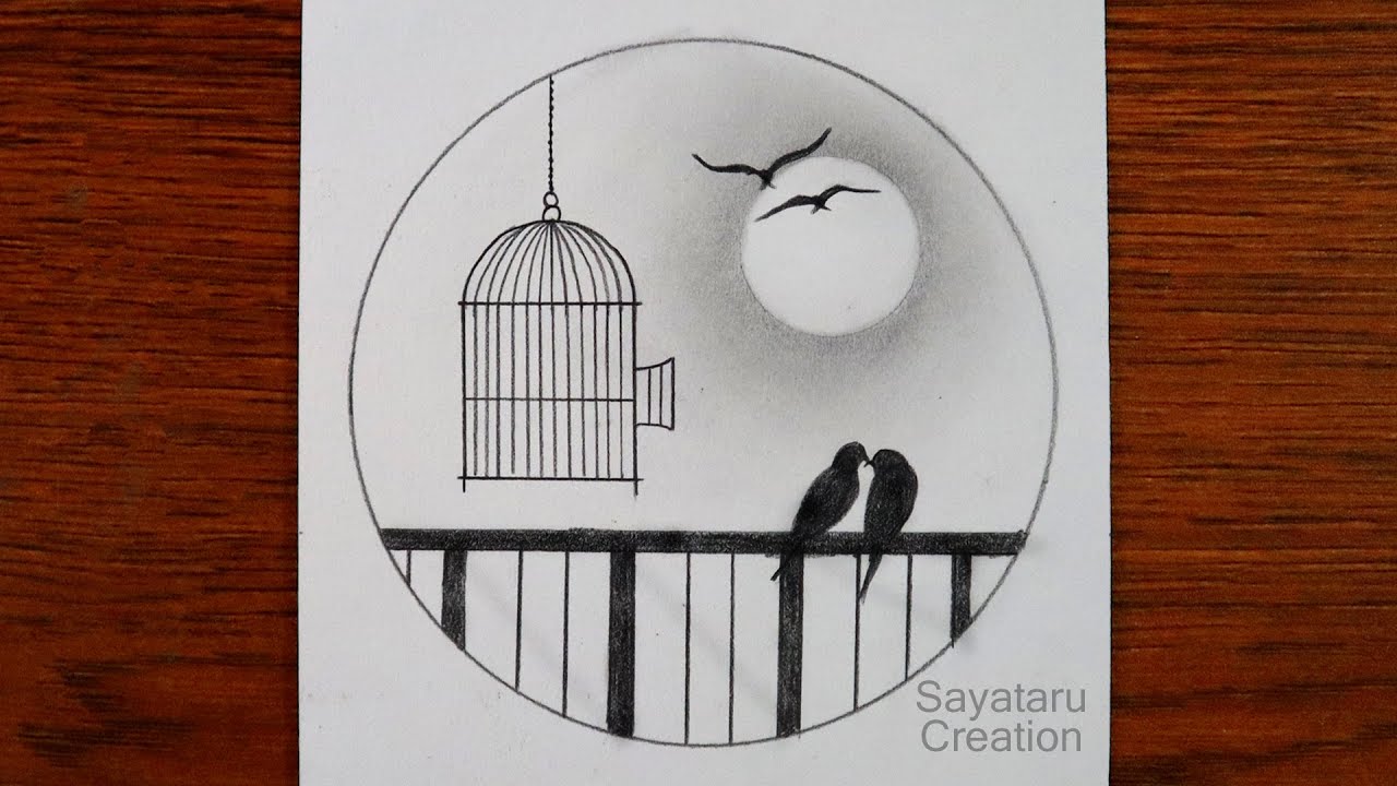 How to Draw Love Birds Out of Cage, Birds scenery drawing with ...