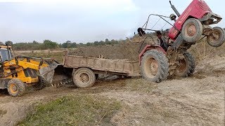 JCB Backhoe-Helping Overloaded Tractor in Rough Slope Road
