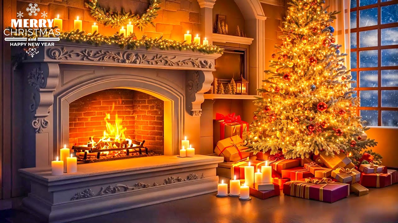 Instrumental Christmas Music with Cracking Fireplace 🔥 Cozy Christmas Music Ambience