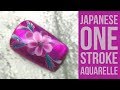 JAPANESE STYLE ONE STROKE & AQUARELLE FLOWERS ON A METALLIC NAIL