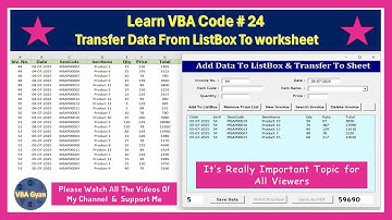 Learn VBA Code Part 24 || Transfer Data From ListBox To WorkSheet