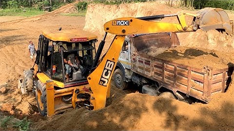 JCB Backhoe Loader Cutting Soil - JCB Loading Soil In Tripper Dump Video Part New