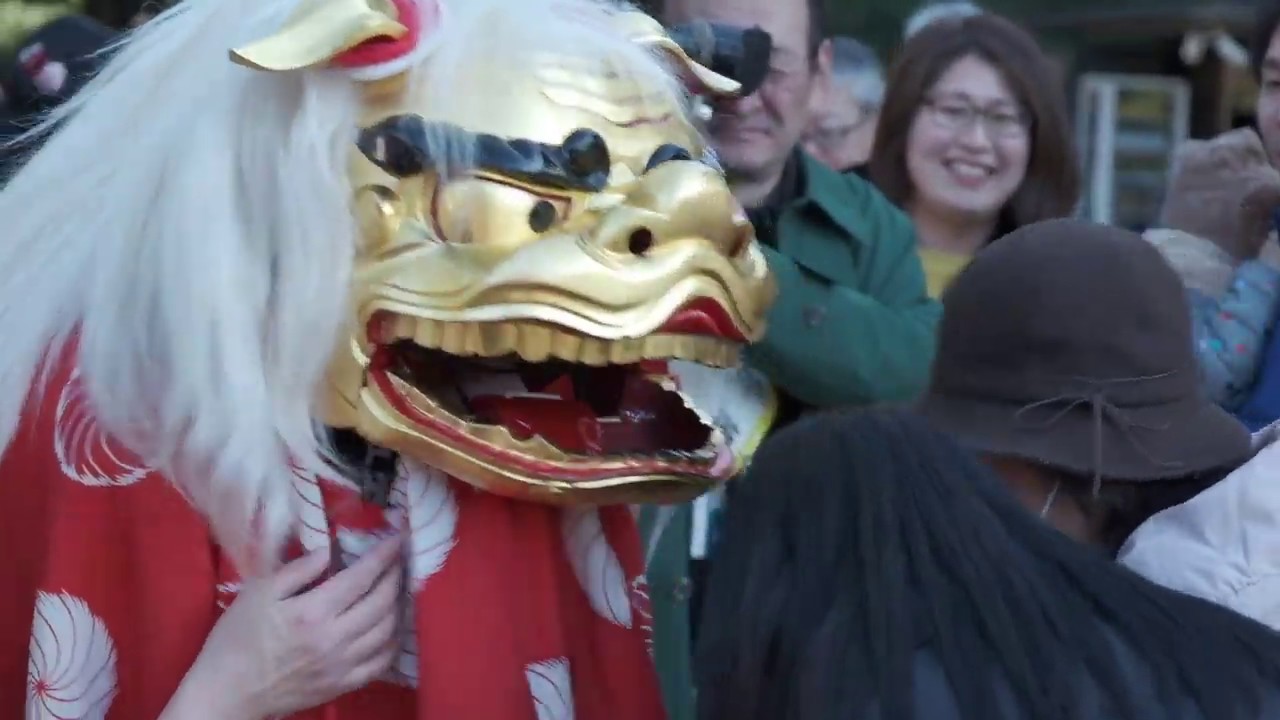 みかん大好き獅子 客席で頭カミカミ 獅子舞 新春 江戸囃子 - YouTube