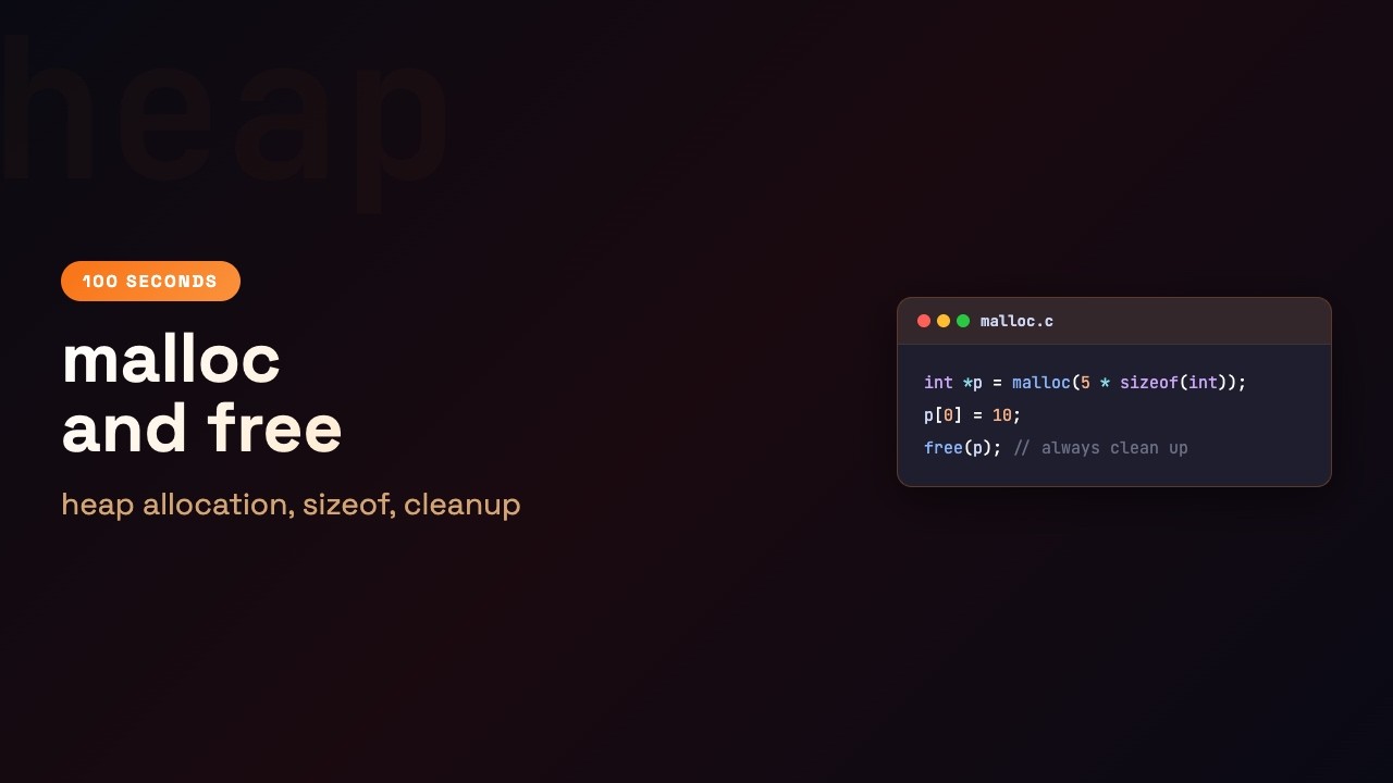 C in 100 Seconds: Dynamic Memory — malloc sizeof free | Episode 20