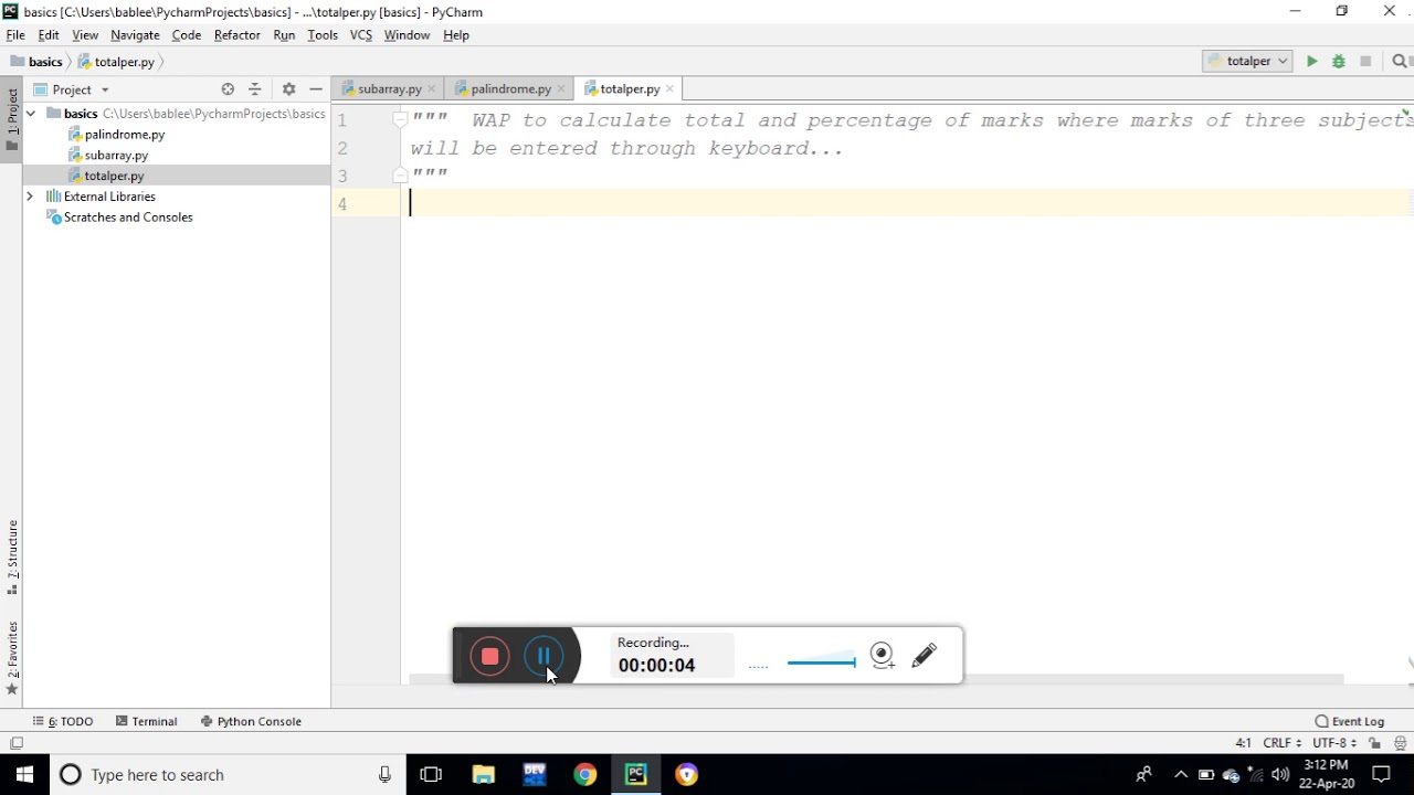 Python program to calculate total and percentage of marks of the ...