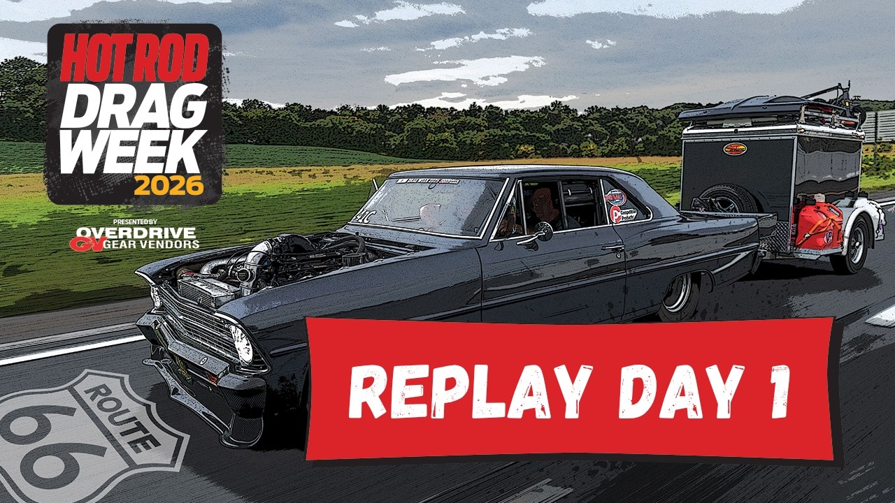YouTube thumbnail for “Day 1 - HOT ROD Drag Week 2026 Livestream REPLAY” by MotorTrend Channel