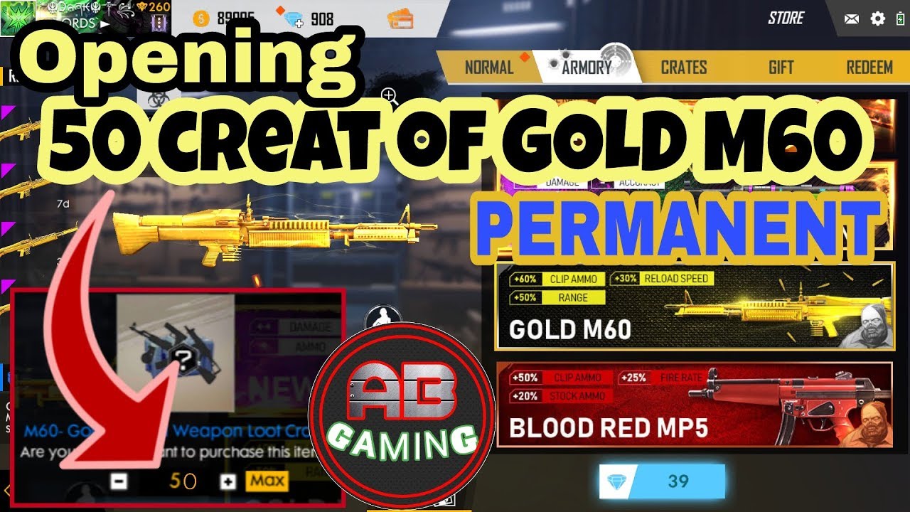 50 crates of M60 gold opening | try for permanent gun skin | Free Fire