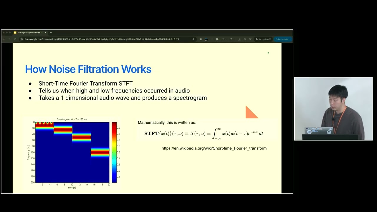 Stephen Cheng presenting at PyData Seattle 2025 about scaling background noise filtration for AI voice agents