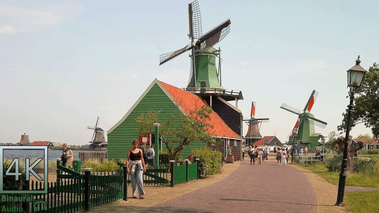 Walking the Zaanse Schans, Holland | 4k Video Walk | Binaural Ambient Sounds