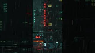 Rainy night in a futuristic cyberpunk city, flickering neon lights.