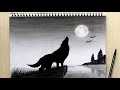 Howling Wolf Drawing Black and white | How to Draw Wolf Howling at the Moon Drawing Night Scenery