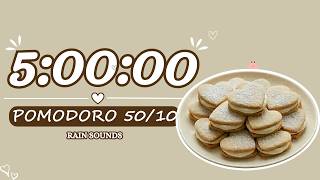 5 Hour Study With Me | No Music, Soft Rain Sounds | Pomodoro 50/10 Timer | 🍪 Vanilla Cream Cookies