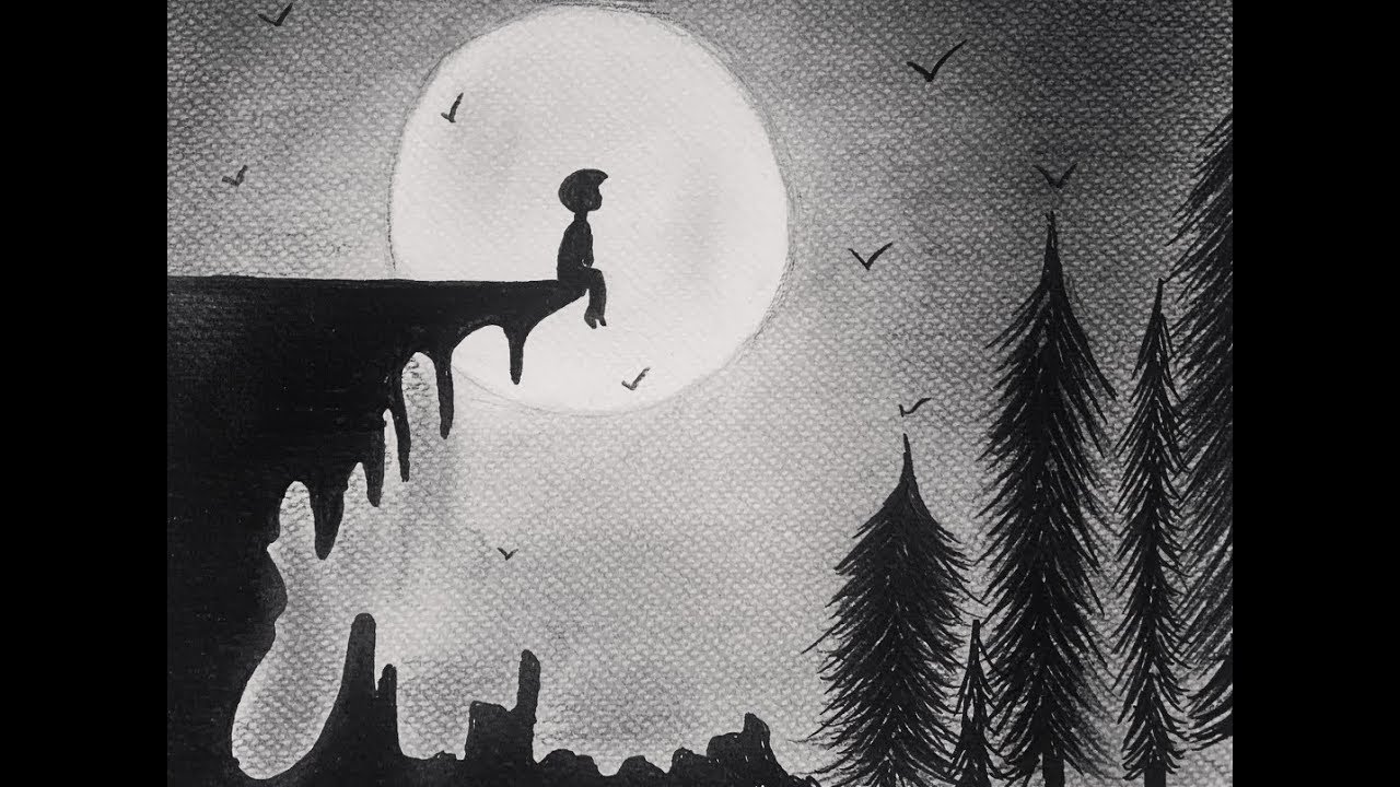 Easy Drawing Black And White How To Draw A Sad Boy Sitting Alone With The Moon Art Drawing Youtube