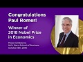 Paul Romer Awarded 2018 Nobel Prize in Economics
