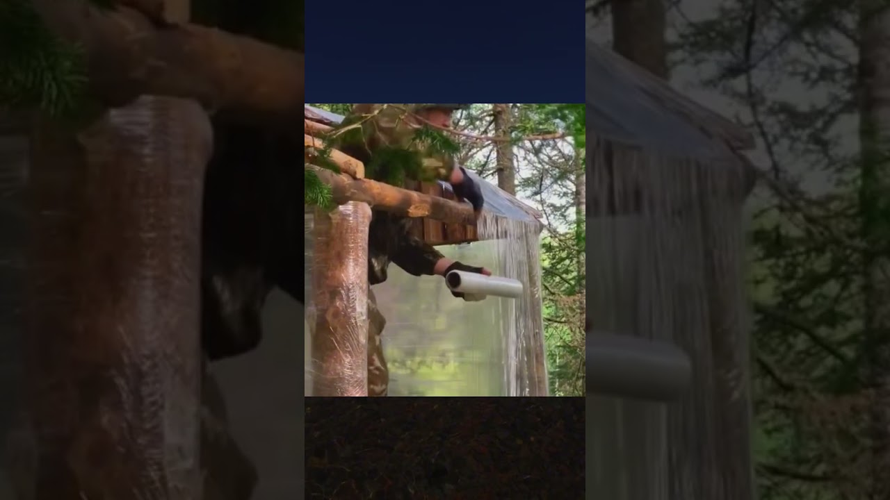 Overnight Survival Cabin in the Woods, Built with Wood and Stretch Film 