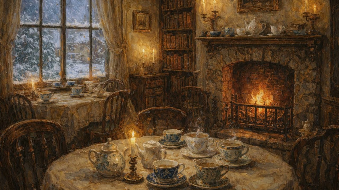 Cozy Winter Tea Party Ambience with Fireplace | Relaxing Classical Music for Study, Focus, & Sleep