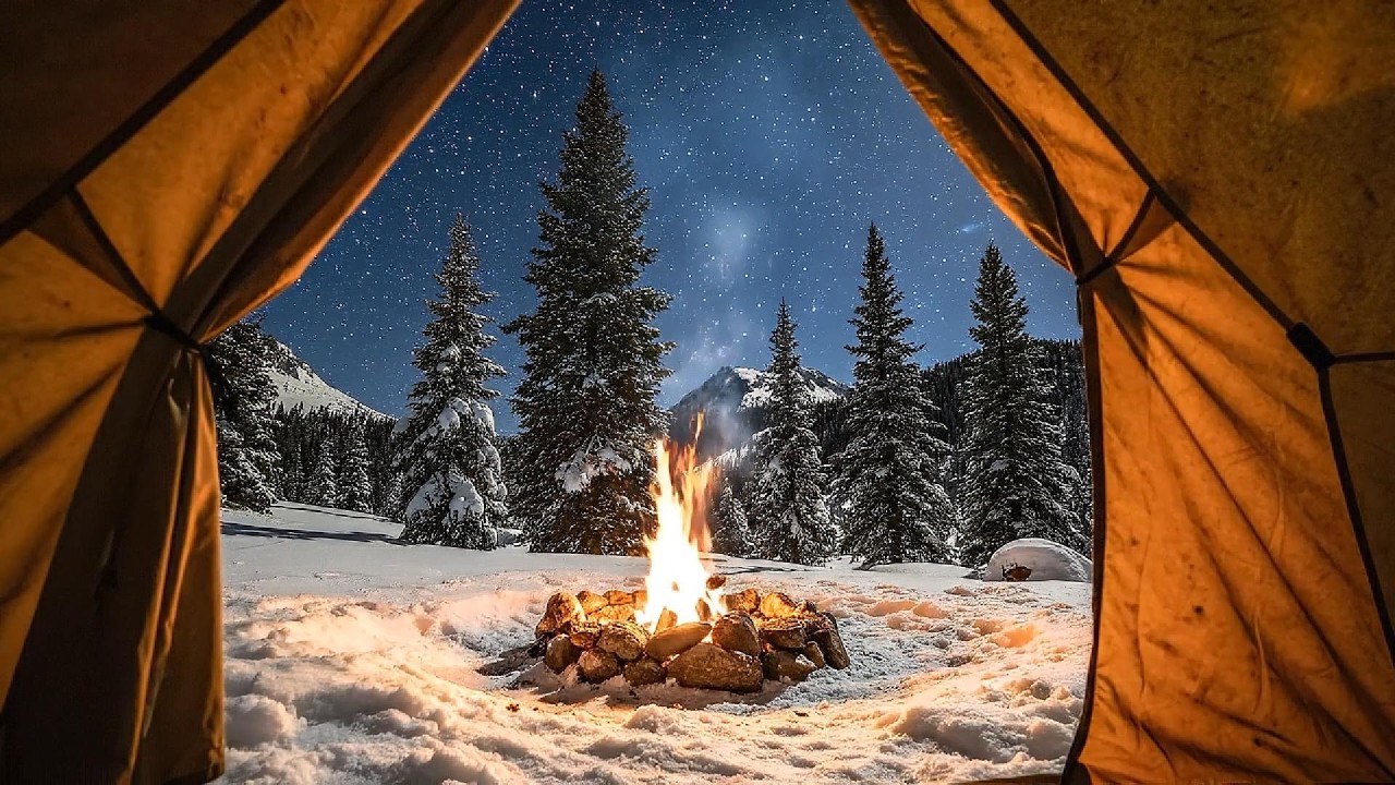 Cozy Tent Campfire in the Snow 🔥 Relaxing Fire Sounds for Sleep 🔥 8 Hours