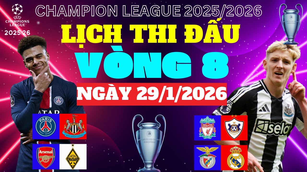 LỊCH THI ĐẤU UEFA CHAMPIONS LEAGUE  VÒNG  8(29/1/2026)-PSG VS NEWCASTLE MỘT MẤT MỘT CÒN GIÀNH VÉ 1/8