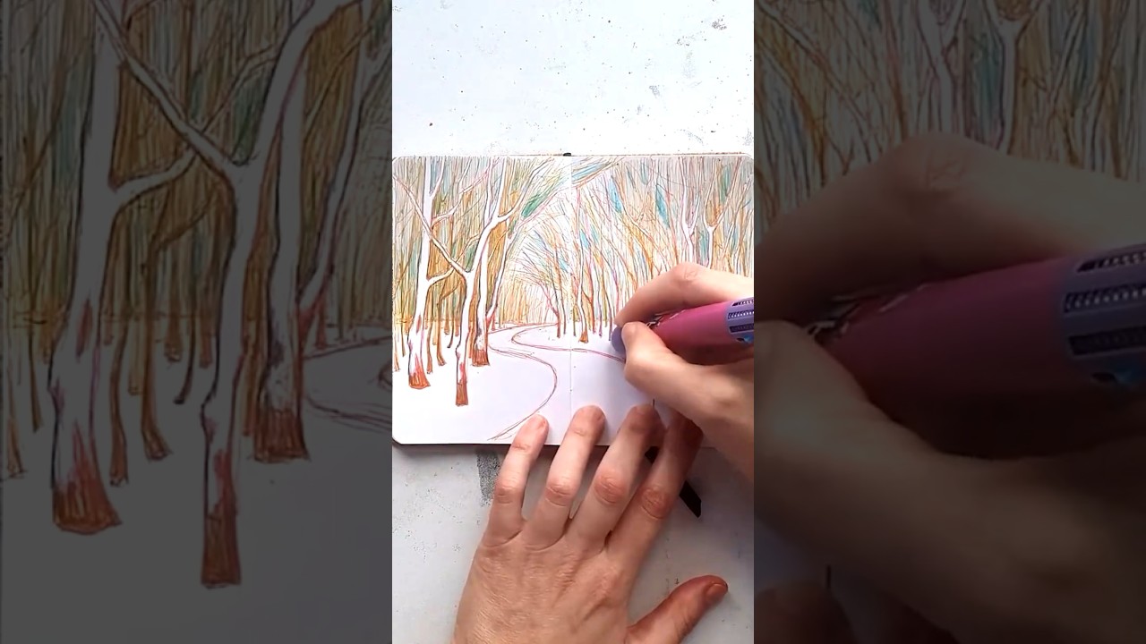 Drawing landscape with multicolor ballpen 